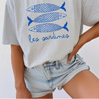 INAWLY Sardine Print Shirt Canned Fish Casual Shirt Tomato Girl Coastal Summer Girl