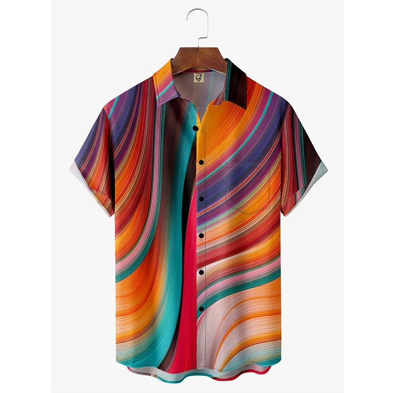 Hawaiian Shirt Men's Summer 3d Line Print Holiday Harajuku Short Sleeve Y2k Tops Tees Clothing Oversized Blouse Casual Camisa