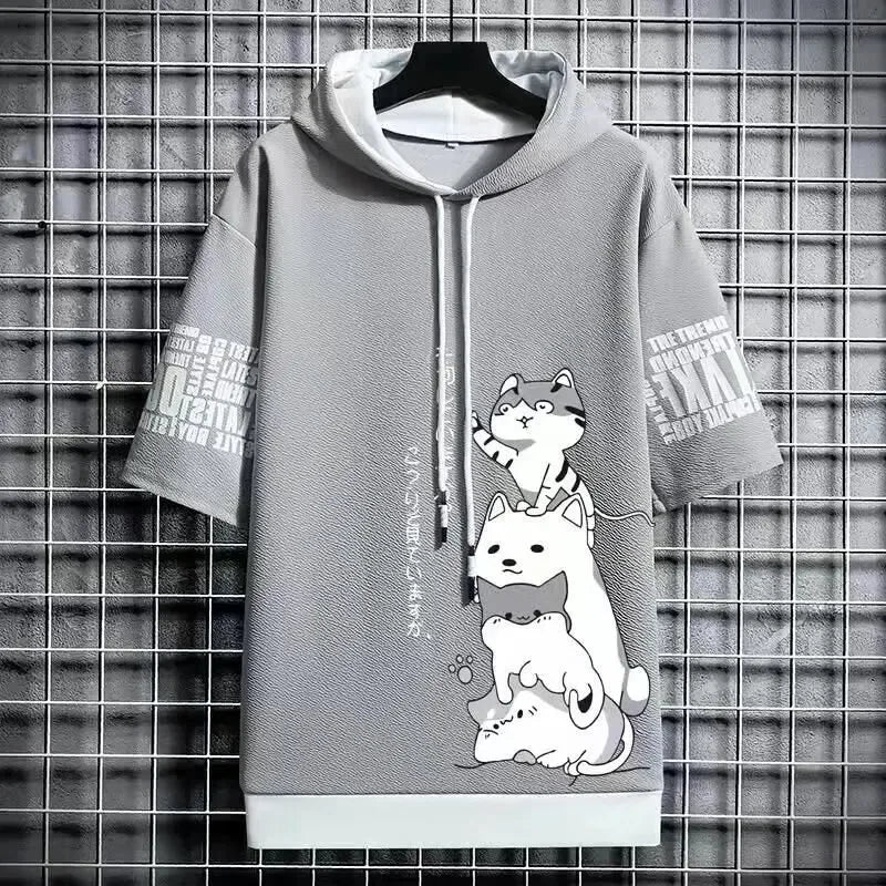 Summer T shirt Men's Hoodies Men Clothing Casual Harajuku Streetwear Print Hooded Top Short Sleeve Sweatshirts Men
