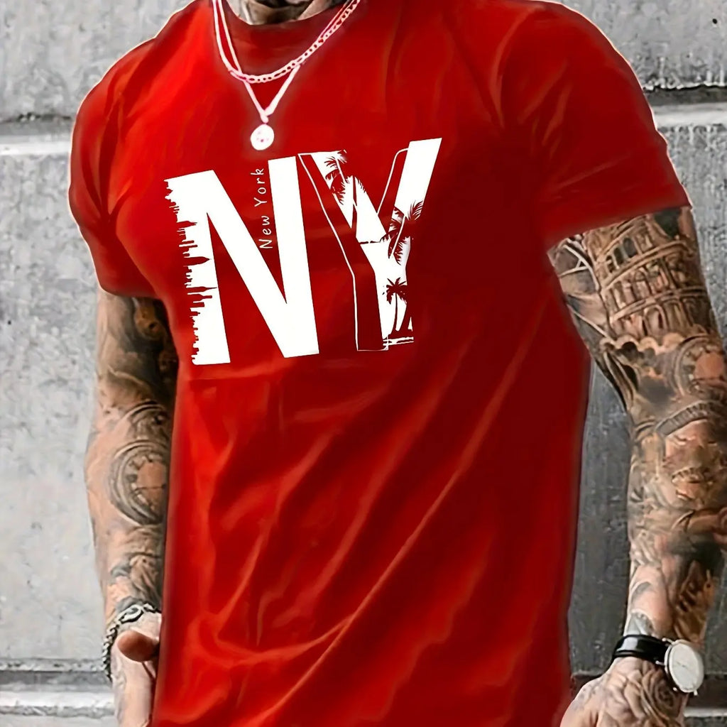 Summer men's 100% pure cotton casual loose plus size NY letter printed sports comfortable round neck short sleeved T-shirt top