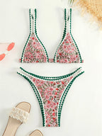 Trend Print Bikini Bordered Straps Swimsuit Thong Push Up Y2K Boho Swimwear Kawaii Women Two Piece Brazil BeachWear Bathing Suit