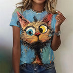 Fashion Woman Funny Cat Print T-Shirts Summer Crew Neck Personalized Graphic T-Shirts Comfort Short Sleeve Tee Woman Clothing