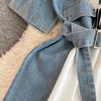 XFPV 2025 Summer Fashion Short Sleeve Round Neck High Waistband Slim A-line Denim Printed Patchwork Dress For Women SM11498