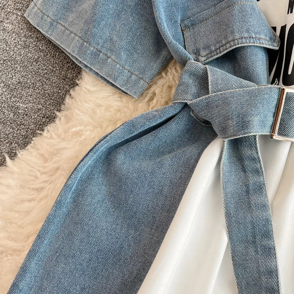 XFPV 2025 Summer Fashion Short Sleeve Round Neck High Waistband Slim A-line Denim Printed Patchwork Dress For Women SM11498