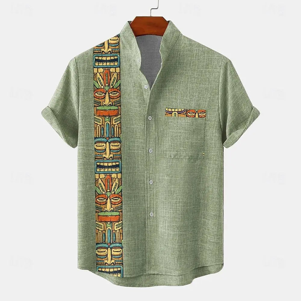 Vintage Men's Shirt Ethnic Pattern Print Short Sleeve Lapel Shirts Summer Fashion Casual Streetwear Male Oversized Clothing