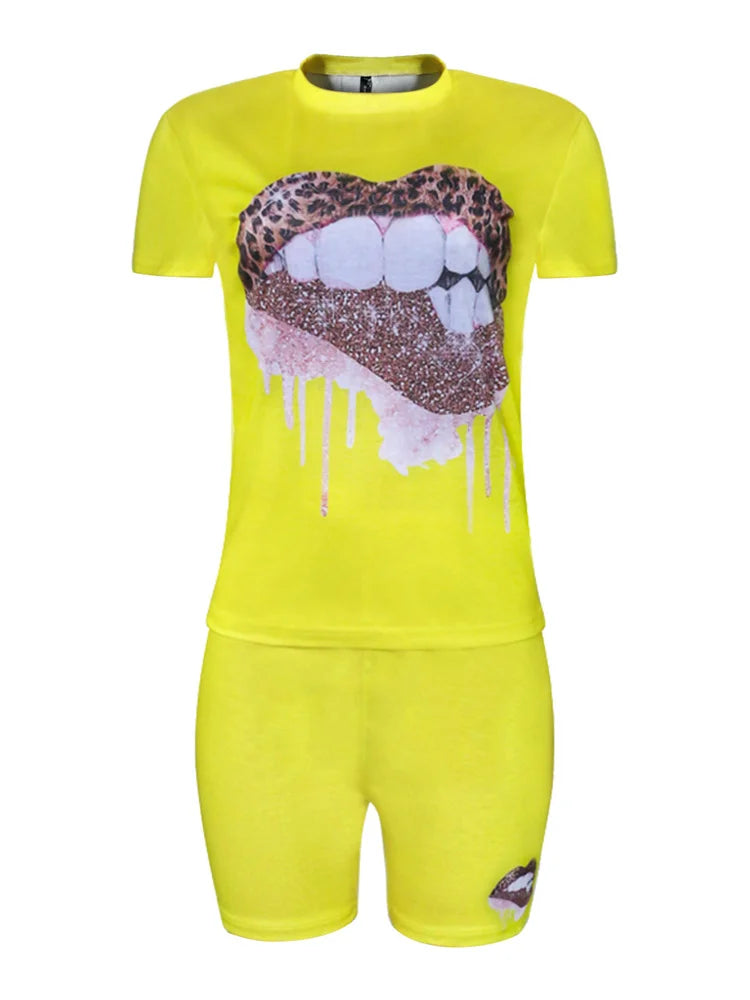 Wmstar Plus Size Two Piece Outfits for Women Tracksuit Shorts Sets  Lip Print Top Casual New In Matching Wholesale Dropshipping