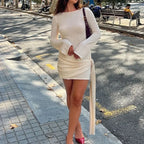 TARUXY Backless Sexy Knitted Dresses Women's Floral Lace Up Irregular Splice Slim Evening Mini Dress Autumn Elegant Long Sleeve