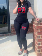 LW Plus Size Letter Print Pocket Design Pants Set Pullover Short Sleeve O Neck Top&Sheath Elastic Waist Trousers Fitness 2pc