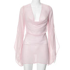 Gtpdpllt Perspective Women's Dress Summer Long Sleeve Swinging Collar Chiffon Backless Sexy Party Dresses Clubwear Outfits