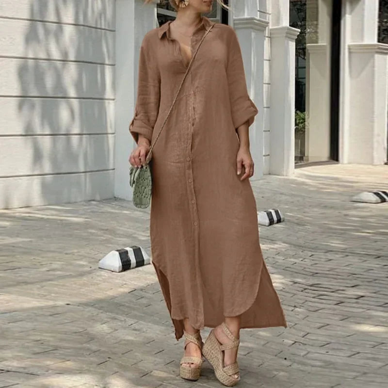 Women's 1XL-5XL plus size Dress  summer wearing the Shirt Collar Cotton Line Button Long Skirt  dress for women