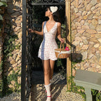 Hugcitar 2024 Cherry Print Straps Backless Draped Sexy Bodycon Mini Dress Summer Women Elegant Clothes Birthday Party Vacation