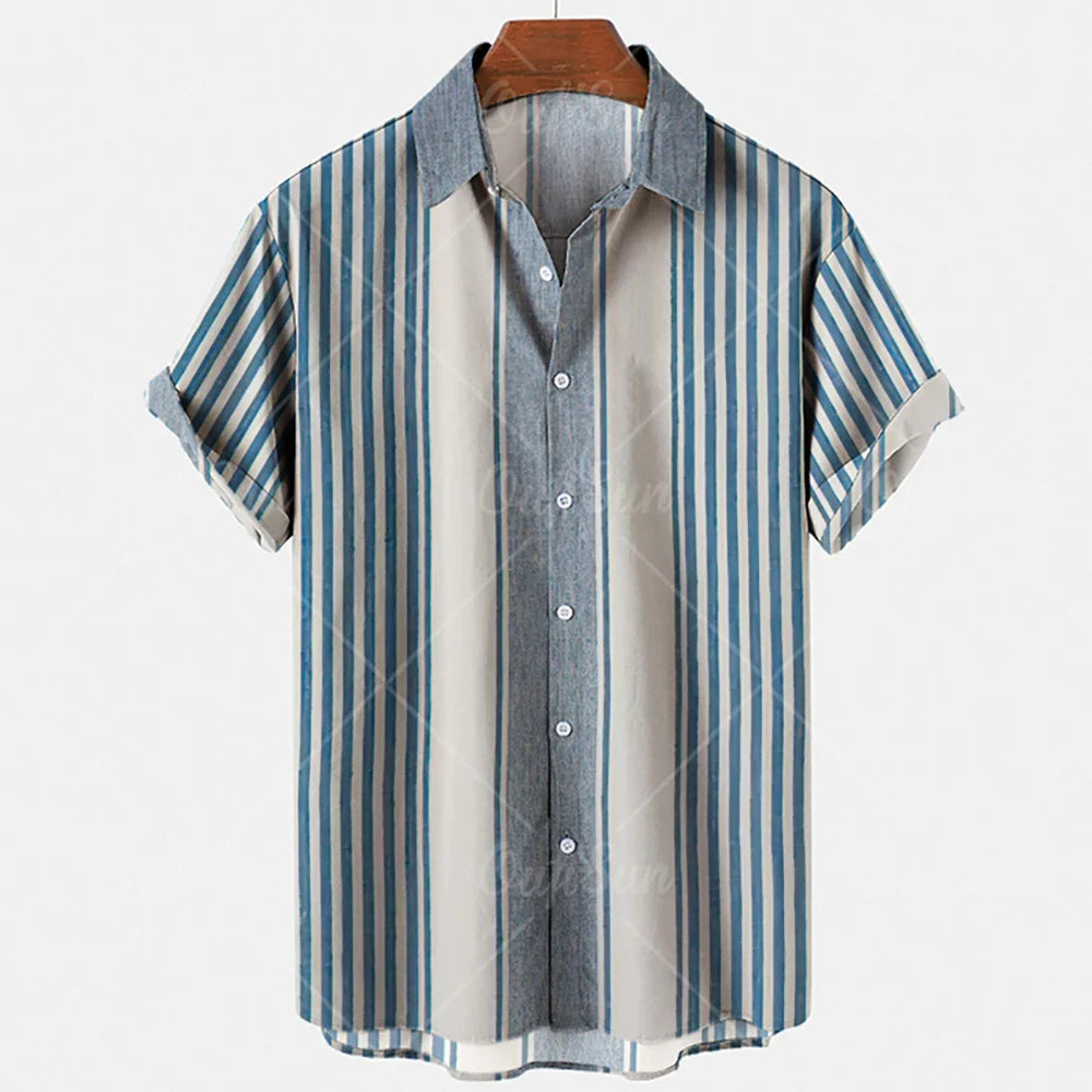 Fashion Men's Striped Casual One Button Shirts Streetwear Short Sleeve Loose Top 3D Digital Printed Blouse Plus Size 5XL