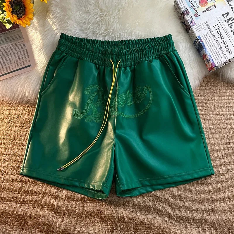 Trendy Brand Men's Shorts Environmental Friendly Leather Pocket Zipper Drawstring Casual Fashionable Summer Loose-Fit Pants