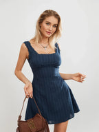 Women Summer White Short Dress Sleeveless Square Neck Lace Trim A-line Tank Dress Bohemian Casual Chic Dresses