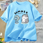 Summer Funny Cat and Fan Graphic T Shirts Women Men Cotton Short Sleeve T Shirt Harajuku Women's Clothing Female Streetwear Tops