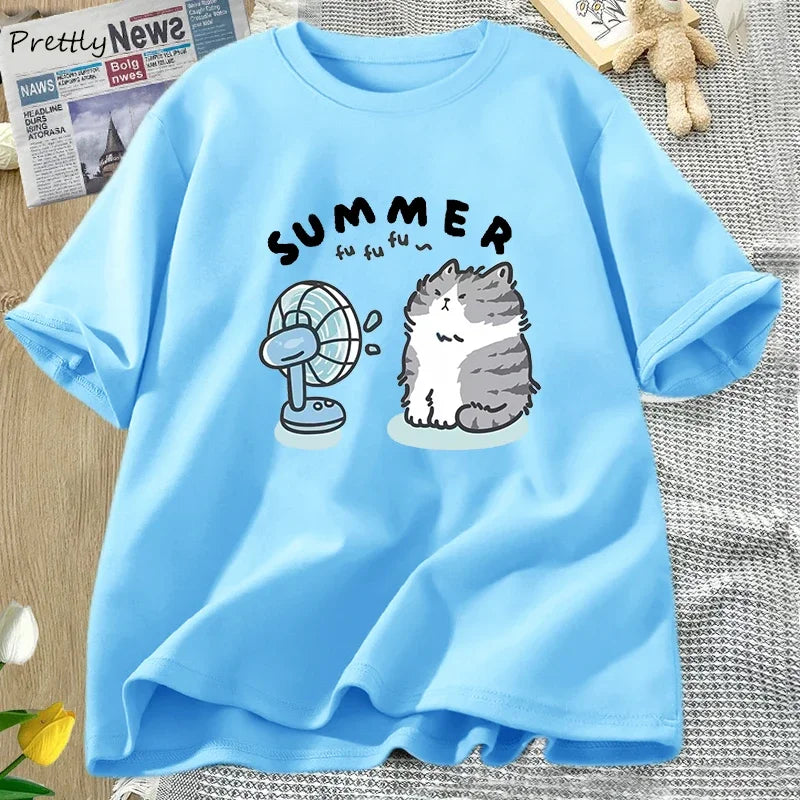 Summer Funny Cat and Fan Graphic T Shirts Women Men Cotton Short Sleeve T Shirt Harajuku Women's Clothing Female Streetwear Tops