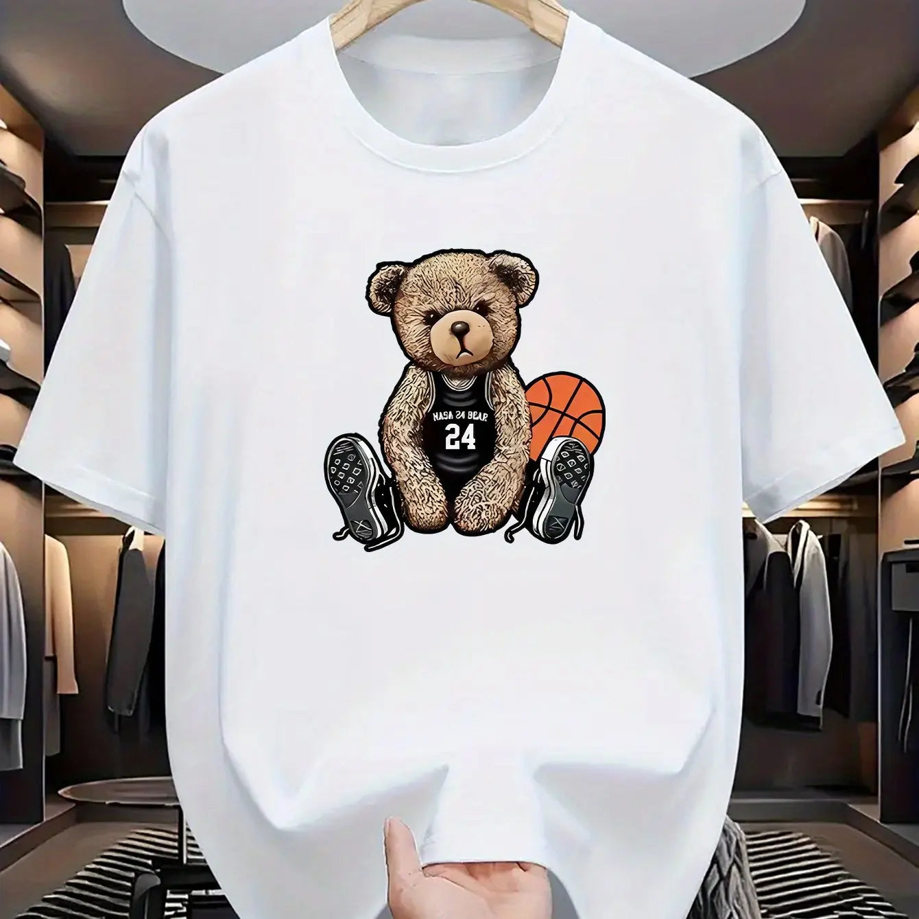 Men's summer 100% pure cotton fashionable casual loose plus size Leisure Bear printed sports round neck short sleeved T-shirt