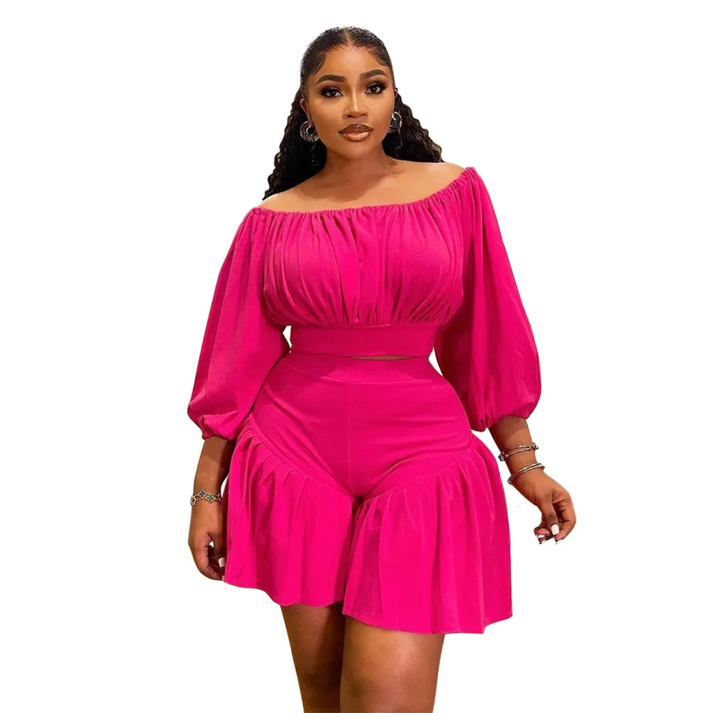 CM.YAYA Plus Size Women's Set Long Sleeve Slash Neck T-Shirt and Shorts 2025 Summer Ruched Two 2 Piece Set Outfits Tracksuit