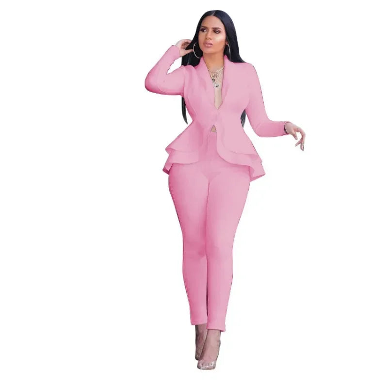 Women's L-XL Plus size Fashionable ruffled edge air layer professional uniform casual set and atmospheric showcasing