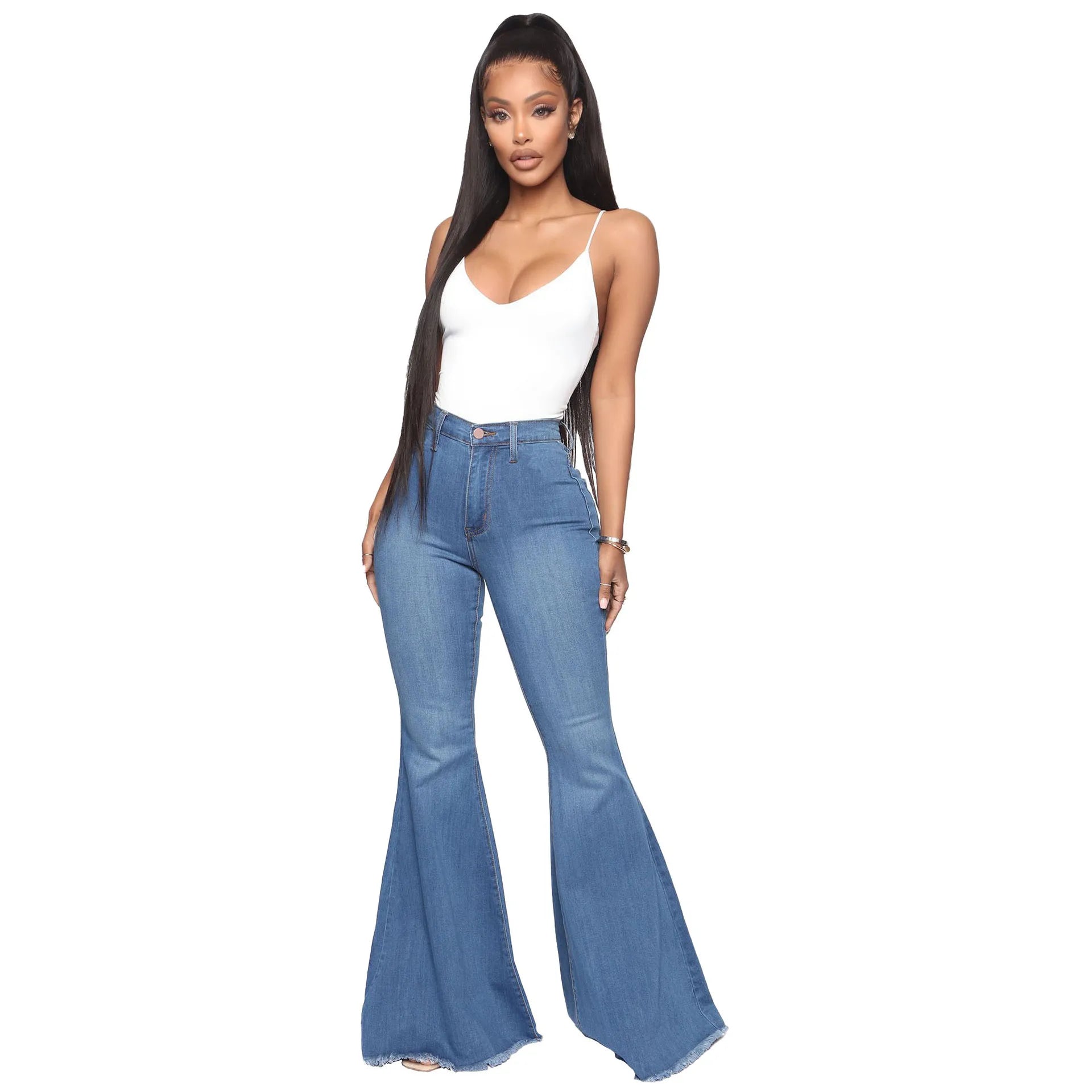 Women Jeans Flare Pants Sexy Denim Long Pant Hip Wrap Casual Solid Elegant Splice Regular Slim Fit High Waist Trousers Summer