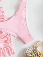 Cute Pink Ruched Swimwear Push Up Bandage Bikini Thong Pleated Swimsuit 3 Piece Women's Skirt Beach Outfits Bikinis Bathing Suit