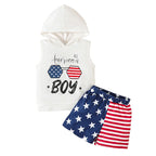 Toddler Baby Boy 4th of July Outfits, Letter Print Hooded Tank Tops Elastic Waist Striped Shorts Infant Summer Set