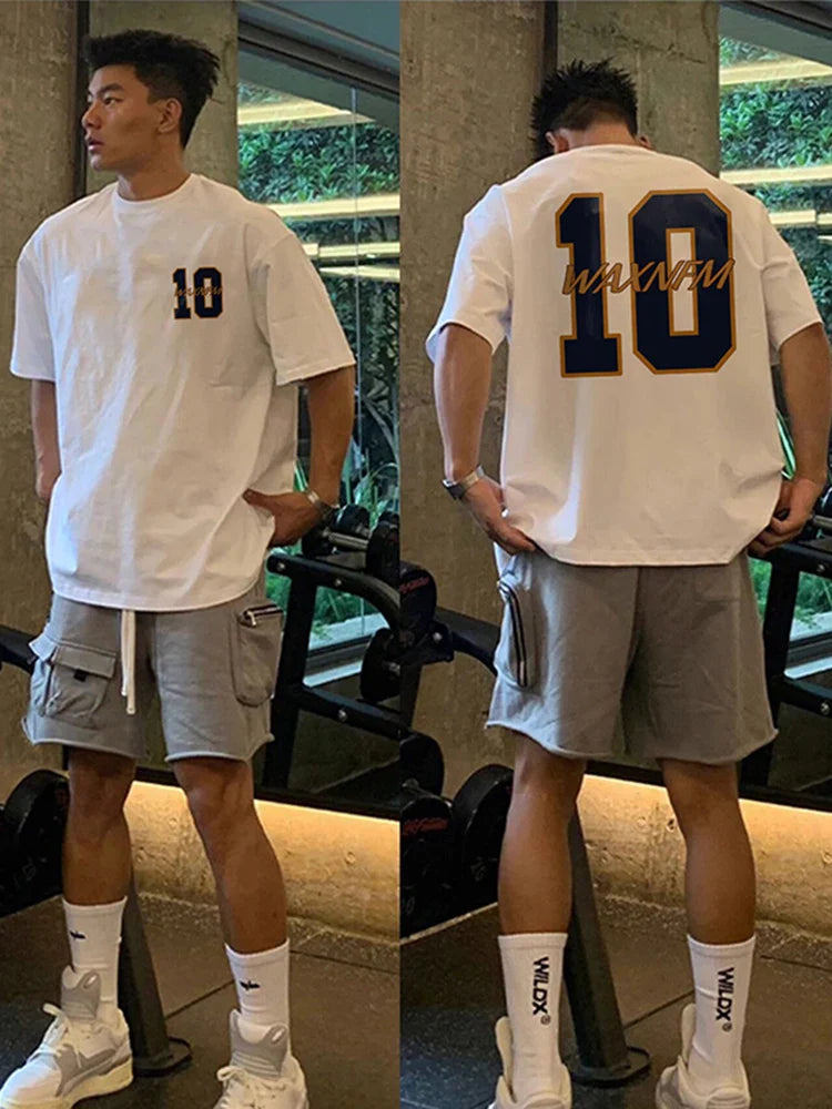 Large Cotton Men's Creative Digital 10 Printed Short Sleeved T-shirt for Men Explosive Street Loose Half Sleeved Hip-hop Top