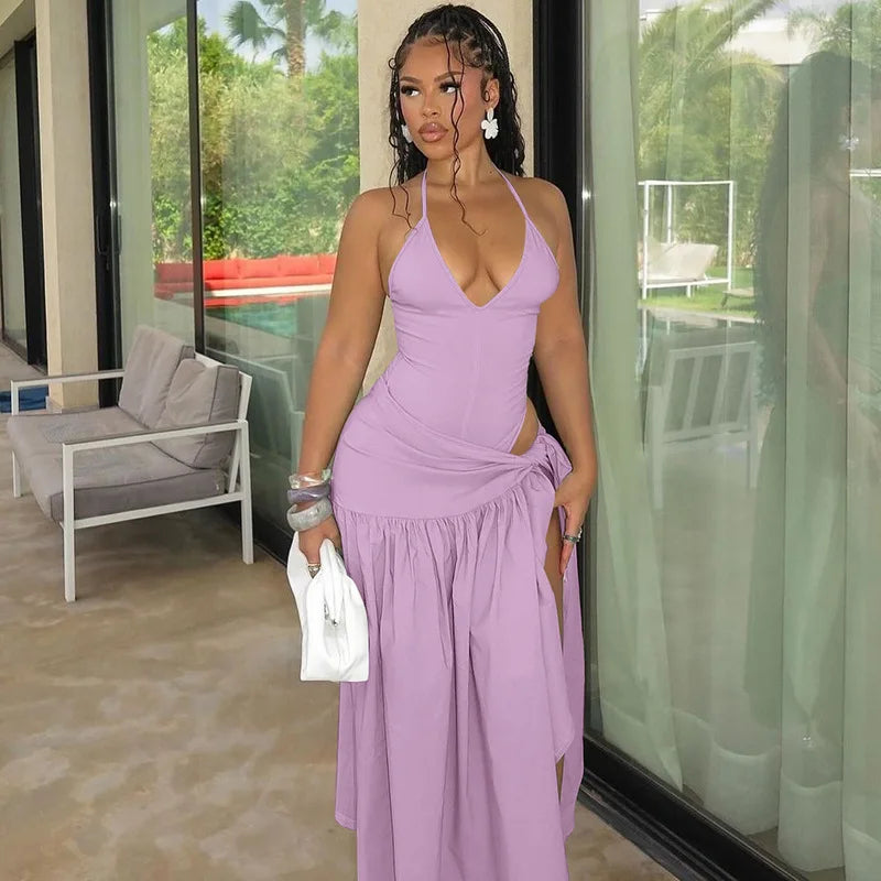 Women Sexy Cut Out Dress Sets Halter Deep V Neck Bodysuit and Tie Maxi Long Skirt Set 2025 Summer Two 2 Piece Vacation Outfits