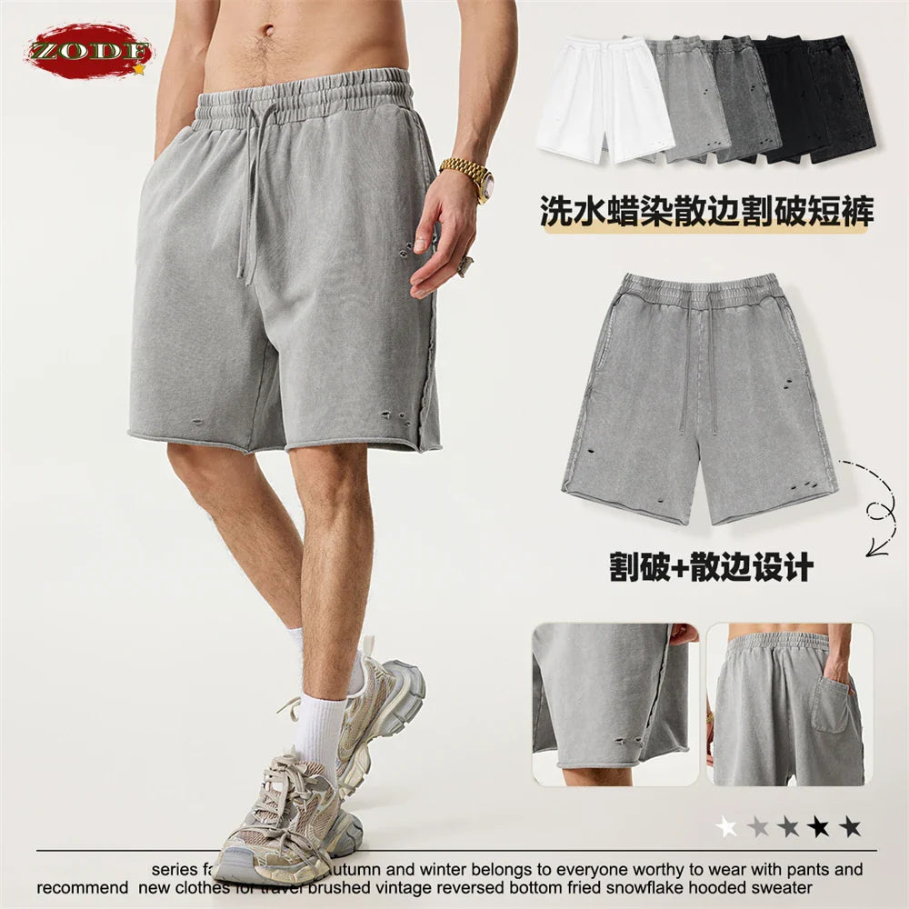 ZODF Retro 2025 Summer High Street Cotton Shorts Unisex Vintage Washed 310gsm Holes Distressed Shorts Brand Streetwears HY0985