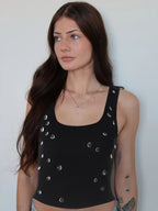 Dulzura Ribbed Sleeveless Crop Tank With Water Droplets Diamond Decorate Sexy Elegant Top Party Club Streetwear Spring Summer