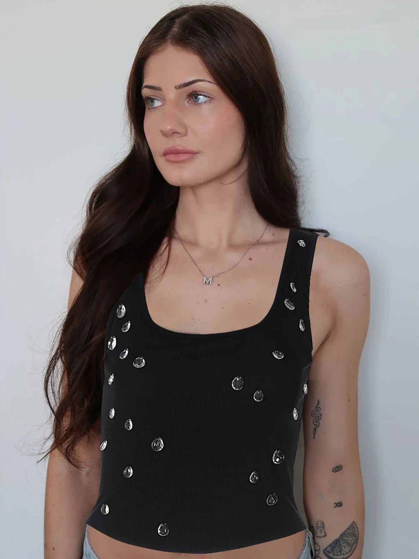 Dulzura Ribbed Sleeveless Crop Tank With Water Droplets Diamond Decorate Sexy Elegant Top Party Club Streetwear Spring Summer