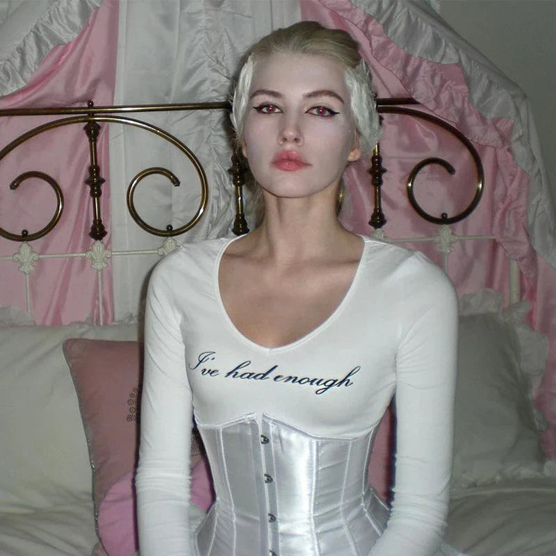 Halloween Goth Emo Girl Long Sleeve Baby Tee Aesthetic Letter Print Grunge Crop Top Y2k Clothes Vintage Punk Slim V-neck T-shirt