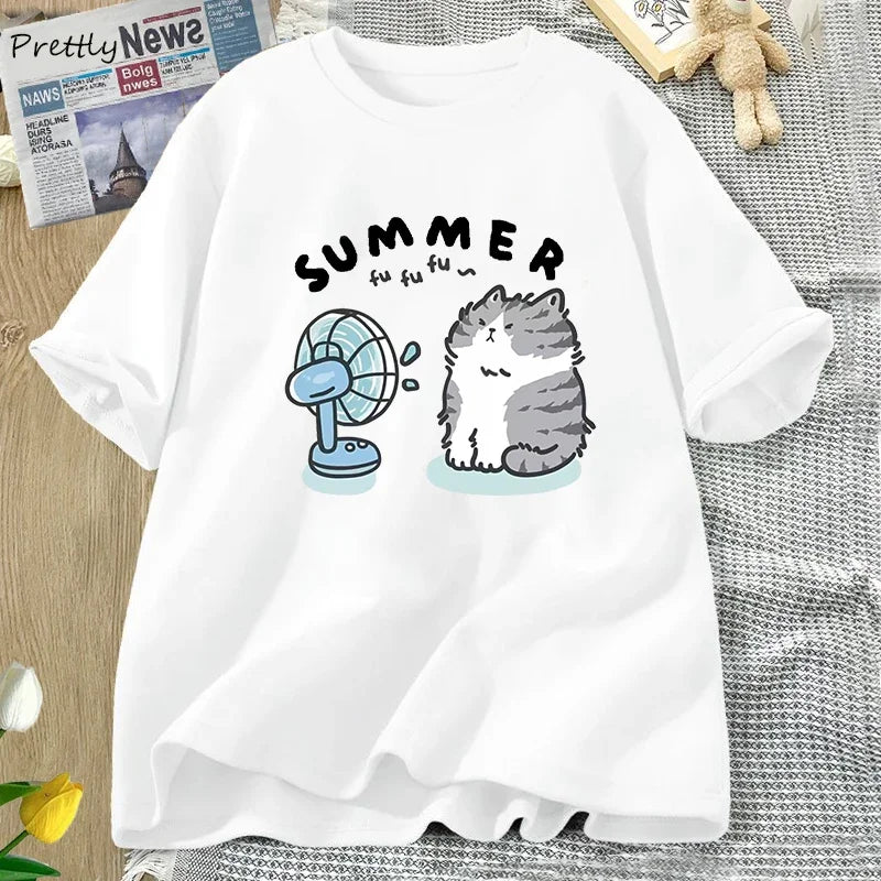 Summer Funny Cat and Fan Graphic T Shirts Women Men Cotton Short Sleeve T Shirt Harajuku Women's Clothing Female Streetwear Tops