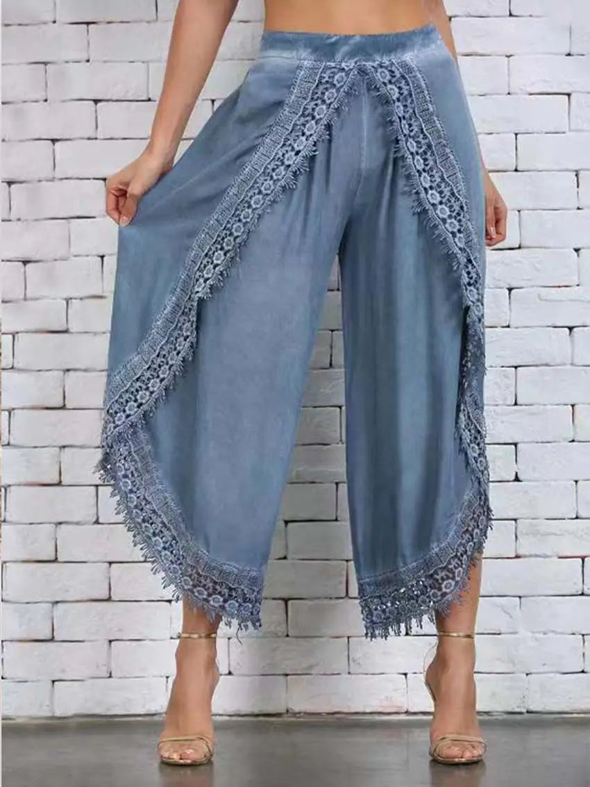 Lace Harem Pant Women Loose Solid Wide Leg Arc-Shaped Cutting Pants Women 2023 New Lace Long Leggings Oversize 5Xl