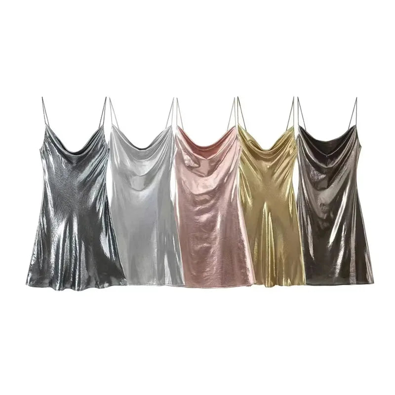 TRAF Slip Dress Backless Short Dresses for Women 2023 Sexy Gold Silver Dress Party Mini Prom Gala Dresses Woman