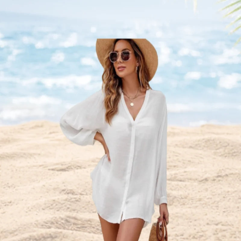 Women's Solid Color Cotton Bamboo Festival Shirt Beach Blouse Bikini Cover-Up Summer Top For Holiday Resortwear