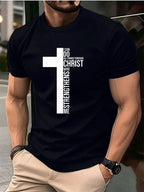 Men's Summer 100 Cotton Fashionable Casual Loose Large Cross Graphic Printed Sports Round Neck Short Sleeve T-shirt Top