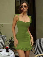 Hugcitar 2024 Elegant Solid Slips Ruffles Backless Bandage Patchwork Sexy Slim Mini Dress Women Outfits Birthday Party Vacation