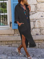 Autumn New Solid Color Cotton Linen Long DressV-neck Button Slit Pockets Loose Breathable Casual Temperament Elegant Shirt Dress