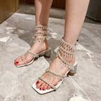 Xibeilove 2024 Summer Luxury Women Sandals Crystal Square Head Gold Rhinestone Snake Pattern High Heels Wedding Party Shoes