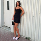 Hugcitar 2024 Elegant Solid Slips Ruffles Backless Bandage Patchwork Sexy Slim Mini Dress Women Outfits Birthday Party Vacation