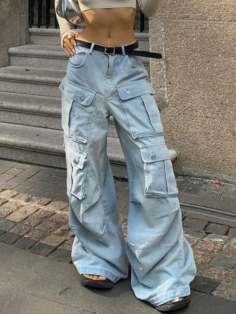 Women Harajuku Y2K Streetwear Jeans American Style Retro Multi-Pocket Straight Cargo Pants Trend Mid-waist Casual Blue Trousers
