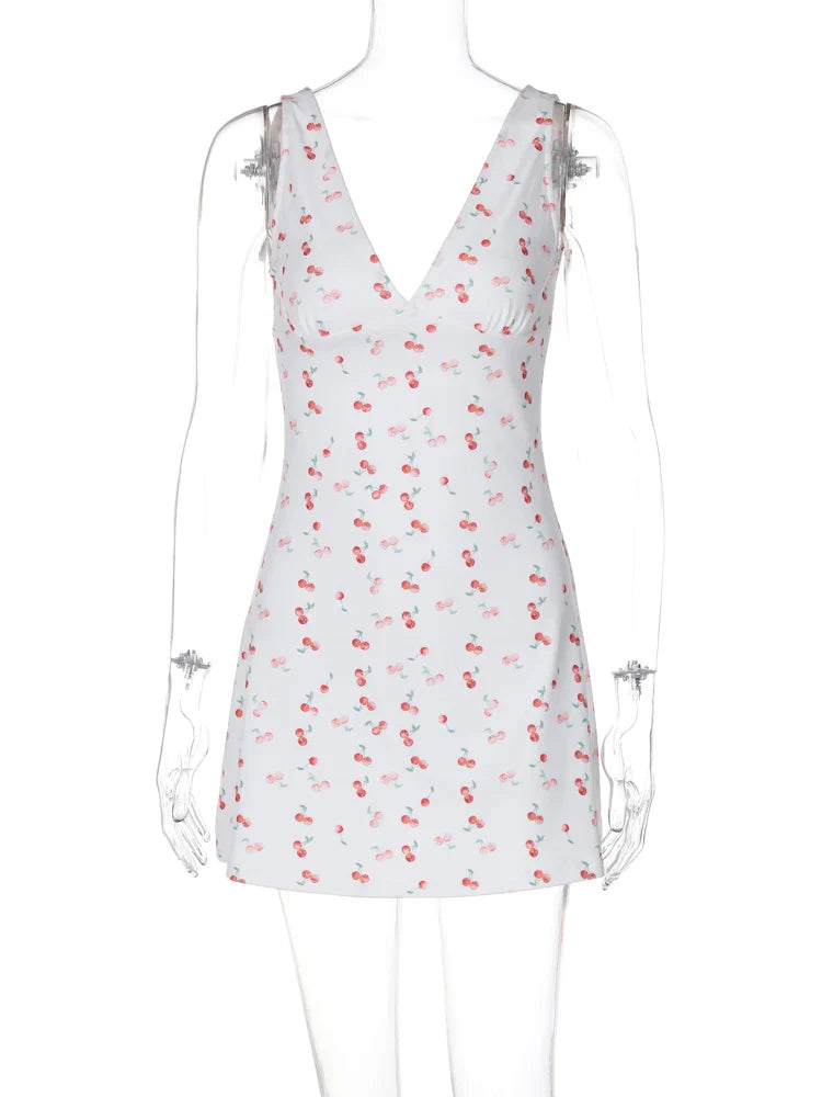 Hugcitar 2024 Cherry Print Straps Backless Draped Sexy Bodycon Mini Dress Summer Women Elegant Clothes Birthday Party Vacation