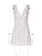 Hugcitar 2024 Cherry Print Straps Backless Draped Sexy Bodycon Mini Dress Summer Women Elegant Clothes Birthday Party Vacation