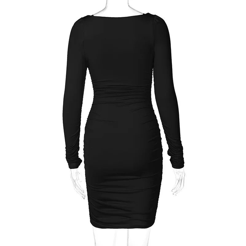 Elegant Square Collar Long Sleeves Folds Slim Bodycon Dress Women Solid Color Skinny Mini Dress Sexy Club Party Vestidos