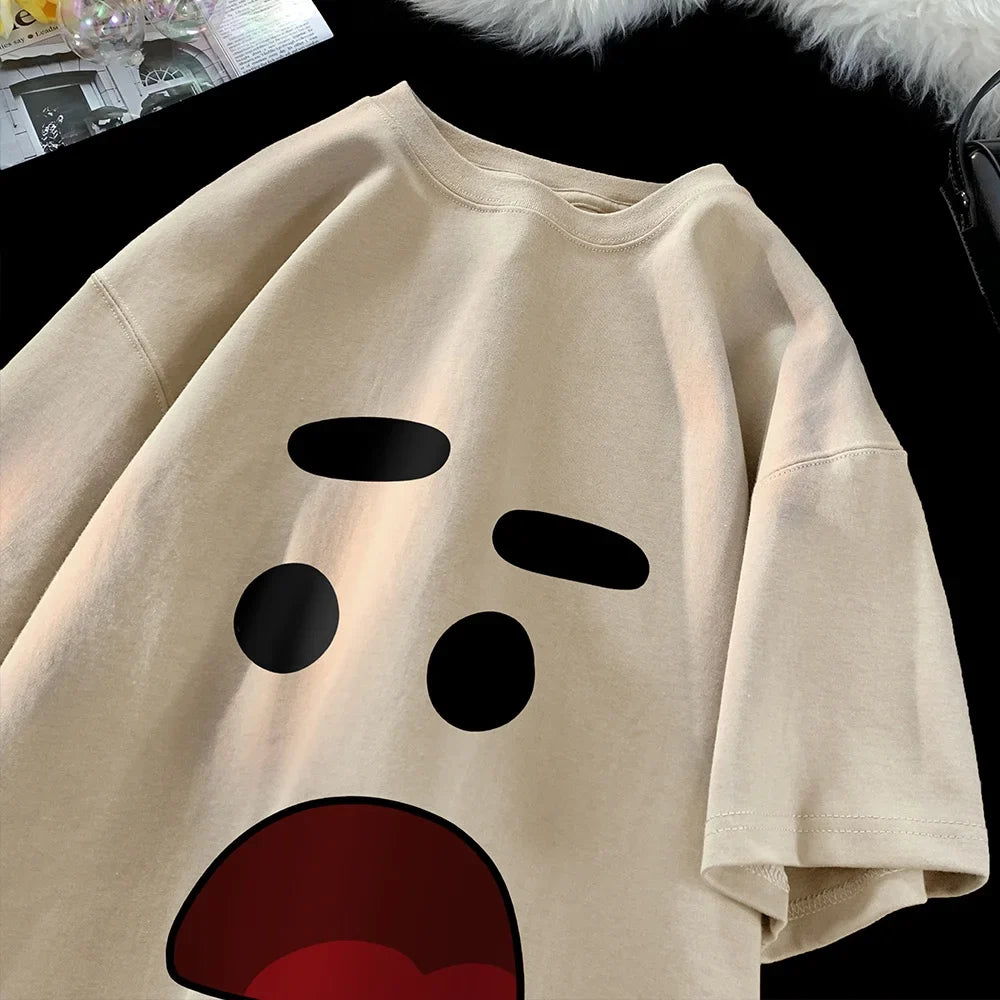 Vintage Fun Micro Expression Print Oversize T-shirt Men's High Street Fashion Cartoon Couple Short Sleeve Round Neck Top