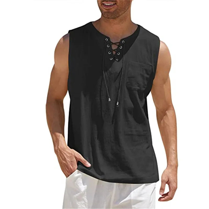 Men's Casual Shirts Leeveless Vest Bandage Lace Up Blouse Retro V Neck Fashion Loose Shirt Male Solid Color Clothes