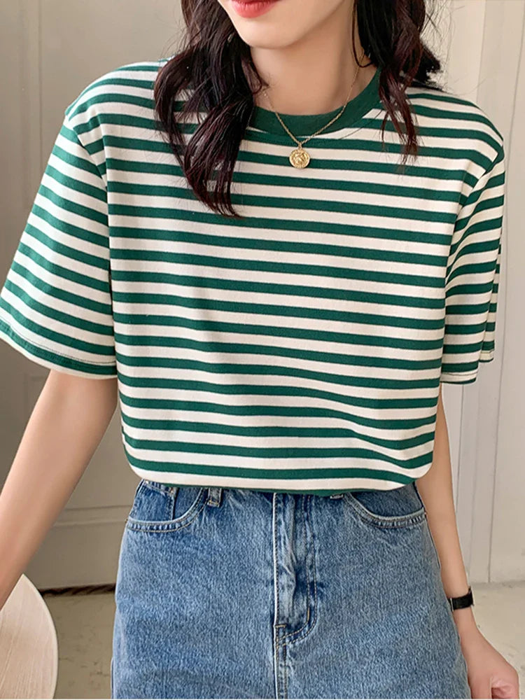 Women Stripes Vintage Tshirt Tops O Neck Short Sleeve Pullover T-shirt 2024 Summer New Korea Cotton Shirt Green Black Y2K