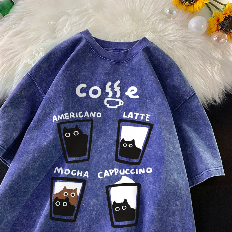 American Retro Trendy Cat Cotton T-shirt Men Women Summer Loose Couple Short Sleeve Tops Harajuku Y2k Vintage Water Washing Tee