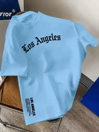 Men's Summer 100% Cotton Fashion Los Angeles Letter Printed Loose Large Casual Comfortable Round Neck Short Sleeve T-shirt Top